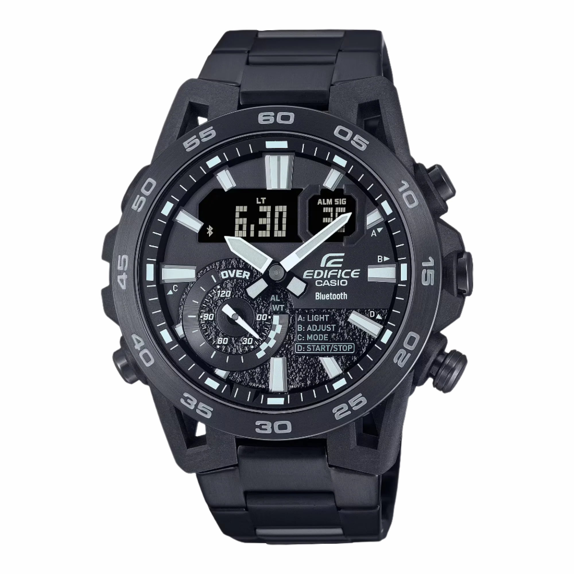 A black Casio Edifice watch with a digital display and analog hands, featuring a black band and ion-plated case.