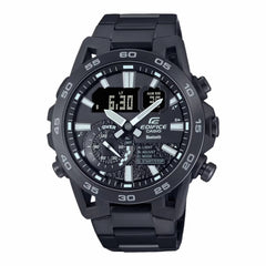 A black Casio Edifice watch with a digital display and analog hands, featuring a black band and ion-plated case.