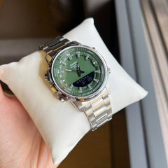 CASIO AMW-880D-3AVDF Men’s Analog-Digital Watch – Stainless Steel Band, Green Dial, World Time, LED Light, Stopwatch, Water Resistant Sports Design