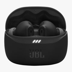 Black JBL wireless earbuds in charging case on a white background