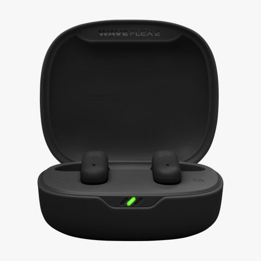 Black wireless earbuds in a charging case on a white background