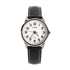 Casio LTP‑1303L‑7BVDF Women’s Analog Watch – White Dial, Black Leather, 50m water resistance