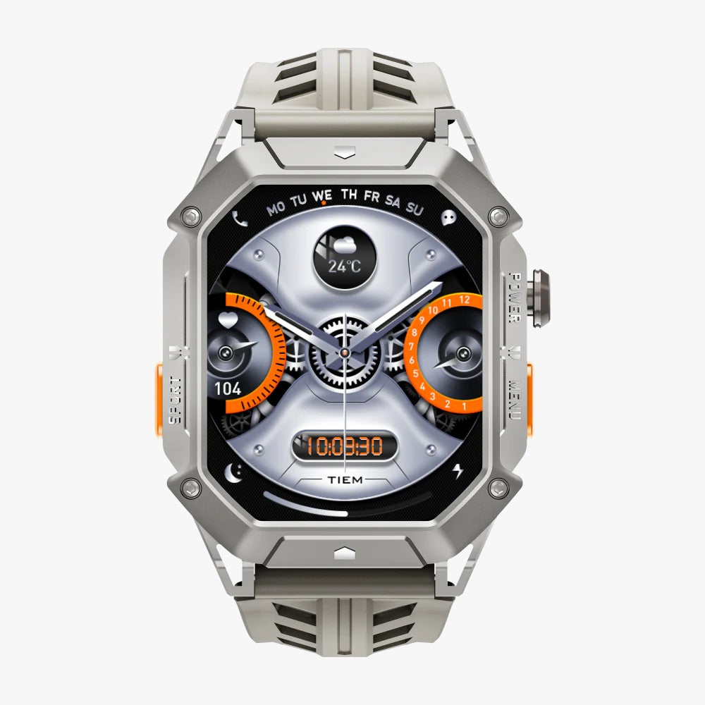 Silver smartwatch with a detailed display on a white background