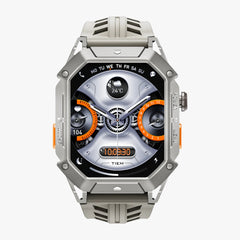 Silver smartwatch with a detailed display on a white background