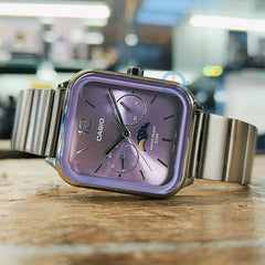 CASIO MTP-M305D-6AVDF Classic Analog Watch | Multi-Dial Quartz Stainless Steel Wristwatch | Casual Business Dress Watch | Date Display | Silver & Purple Dial | Water Resistant Timepiece