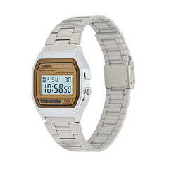 CASIO A158WEA-9EF Vintage Digital Watch – Unisex Silver Stainless Steel, Gold Dial, LED Light, Alarm, Stopwatch, Water Resistant, Quartz Retro Classic
