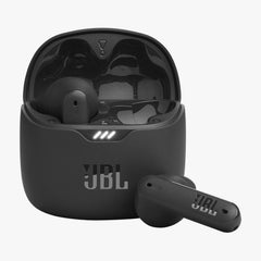 Black JBL wireless earbuds with charging case on a white background