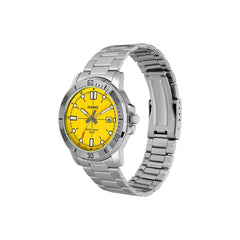 Casio MTP‑VD01D‑9EVUDF Men’s Analog Watch – Yellow Dial, Stainless Steel, 50 m Water Resistant, Date Display