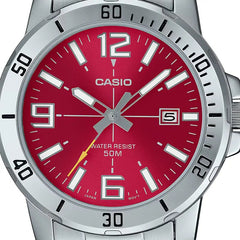 Casio MTP‑VD01D‑4BVUDF Men’s Analog Watch – Red Dial, Stainless Steel, 50 m Water Resistant, Date Display