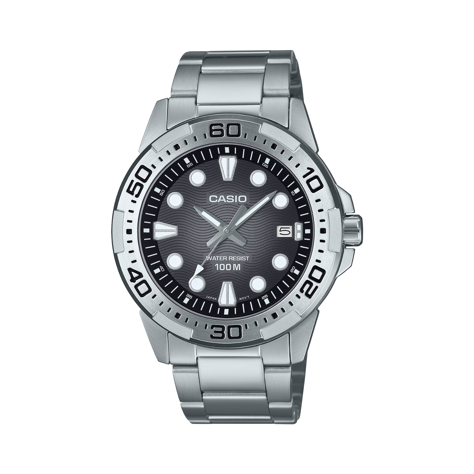 Casio watch with silver bracelet and black dial on a white background