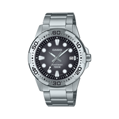 Casio watch with silver bracelet and black dial on a white background