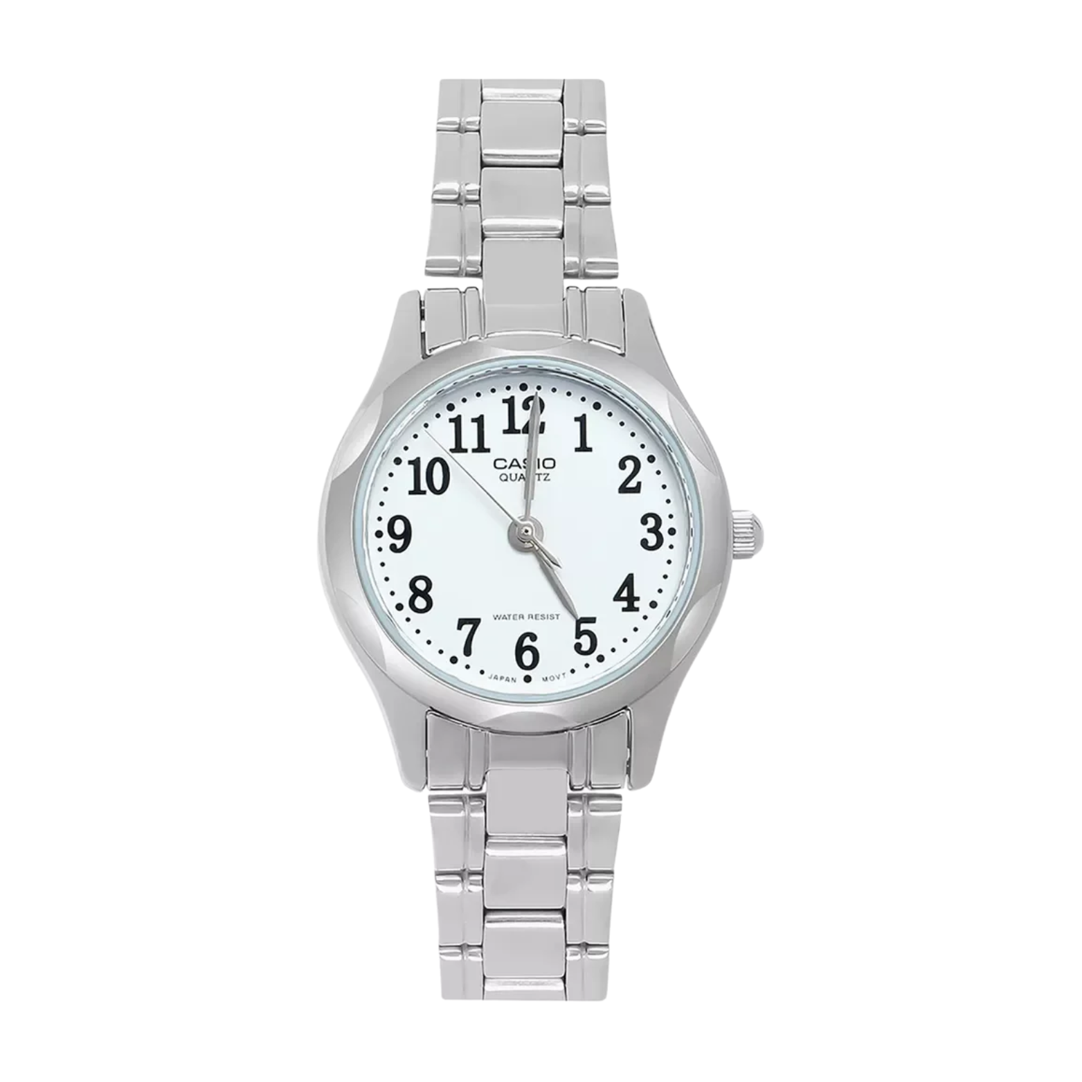 Silver Casio watch with a white face on a white background