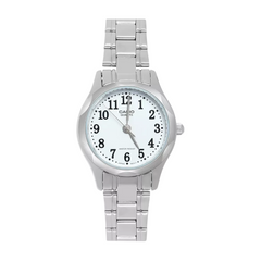 Silver Casio watch with a white face on a white background