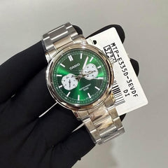 CASIO MTP-E335D-3EVDF Men’s Analog Watch – Green Sunray Dial, Multi-Dial (Day/Date/24-Hr), Stainless Steel, Quartz, 50m Water Resistant