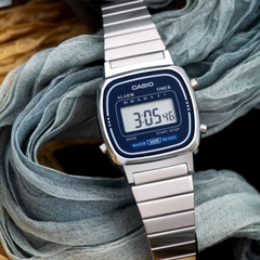 CASIO LA670WA-2DF Vintage Digital Watch – Blue Display, Stainless Steel Bracelet, Alarm, Stopwatch, Countdown Timer, Water Resistant