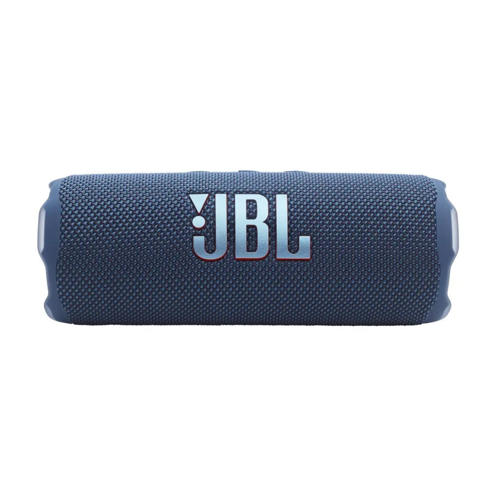 Blue JBL portable speaker on a white background