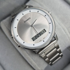 CASIO MTP‑B200D‑7EDF Men’s Analog‑Digital Watch – White Dial, Stainless Steel, Dual Time & Stopwatch, 50 m Waterproof