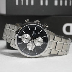 CASIO MTP‑E510D‑1A2VDF Men’s Chronograph Watch – Black & Green Dial, Stainless Steel, 50 m Water Resistance