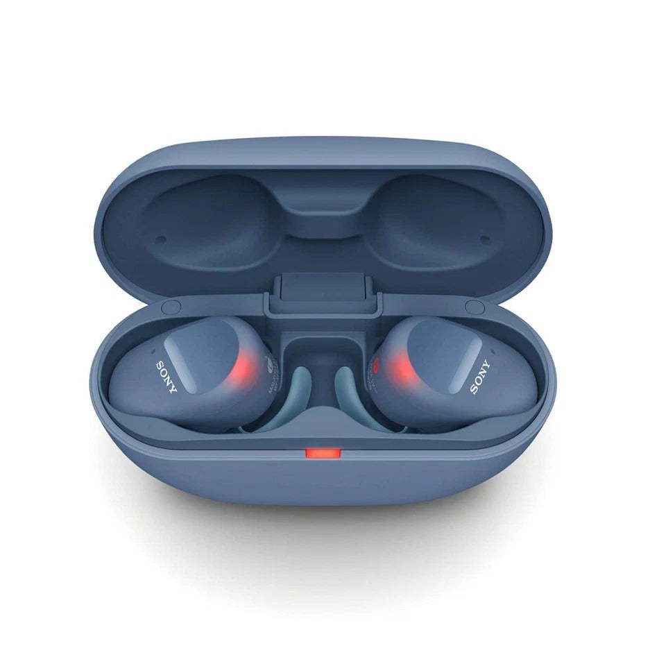 Blue Sony wireless earbuds in a matching case on a white background