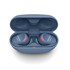 Blue Sony wireless earbuds in a matching case on a white background