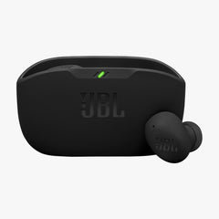 Black JBL wireless earbuds with charging case on a white background
