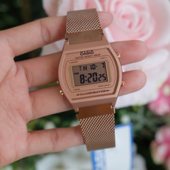 CASIO B640WMR-5ADF Vintage Digital Watch – Unisex Rose Gold Stainless Steel Mesh (Milanese), LED Light, Alarm, Stopwatch, Countdown Timer, 50M Water Resistant, Quartz