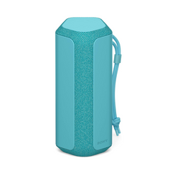 Blue portable speaker with a strap on a white background