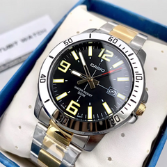 CASIO MTP-VD01SG-1BVDF Men’s Standard Analog Watch – Two-Tone Silver/Gold Stainless Steel, Black Dial, Date, Quartz, Mineral Glass, 50M Water Resistant