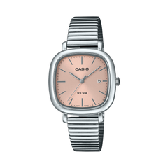 Casio watch with pink face and silver metal strap on white background