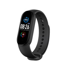 Black smartwatch with a digital display on a white background