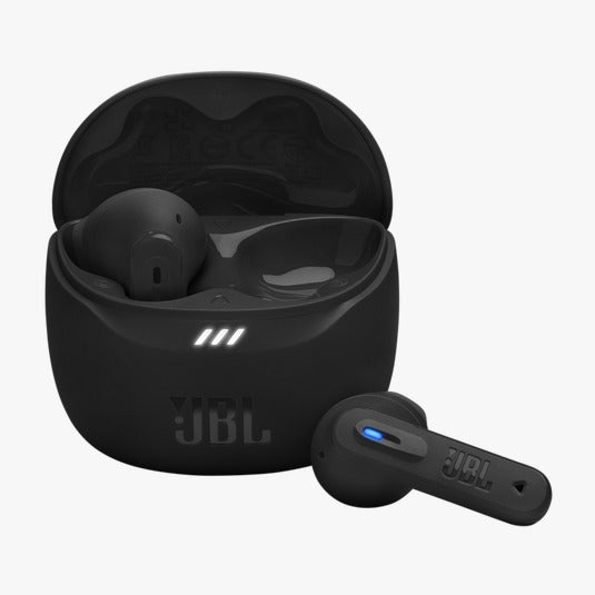 Black JBL wireless earbuds with charging case on a white background