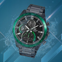 Casio Edifice EFR‑571DC‑1AVUDF Men’s Chronograph Watch — Black Ion Plated, Green Bezel, 100M Water Resistant, Retrograde Dial