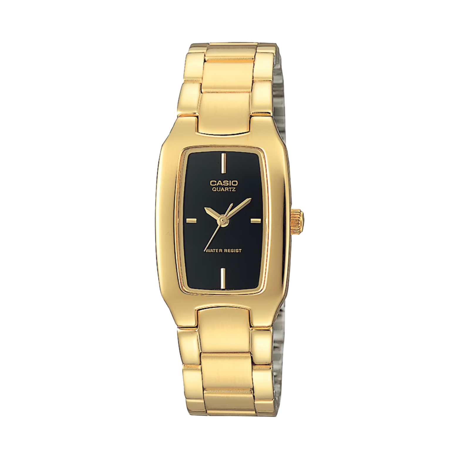 Gold Casio watch with black face on a white background