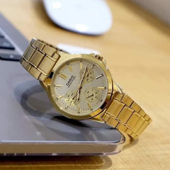 CASIO LTP-V300G-9AUDF Women’s Analog Watch – Gold Stainless Steel, Champagne Dial, Multi-Dial Design, Quartz Movement, Water Resistant, Elegant Classic Style