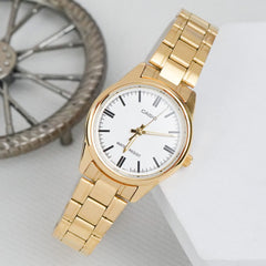 CASIO LTP-V005G-7AUDF Women’s Analog Watch – Gold Stainless Steel, White Dial, Quartz Movement, Water Resistant, Elegant Classic Ladies Watch