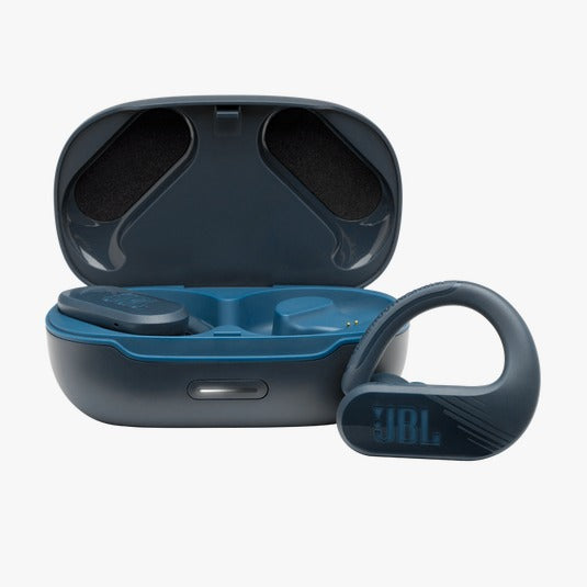 Blue wireless earbuds with charging case on a white background