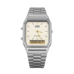 CASIO AQ-230GG-9ADF Vintage Digital-Analog Watch – Gold Stainless Steel, Dual Time Display, Alarm, Stopwatch, Water Resistant Retro Classic Design