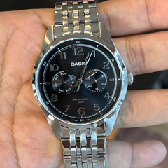 CASIO MTP‑E340D‑1AVDF Men’s Analog Watch – Silver Dial, Stainless Steel Bracelet, Day, Date & 24‑Hour Subdials, 50 m Water Resistant