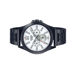 CASIO MTP-E350B-7BVDF Men’s Sport Watch – White Dial, Multi-Dial Day/Date/24-Hr, Black Leather Strap, Quartz, 50m Water Resistant