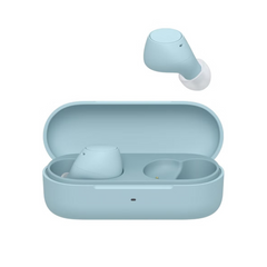 Blue wireless earbuds with charging case on a white background