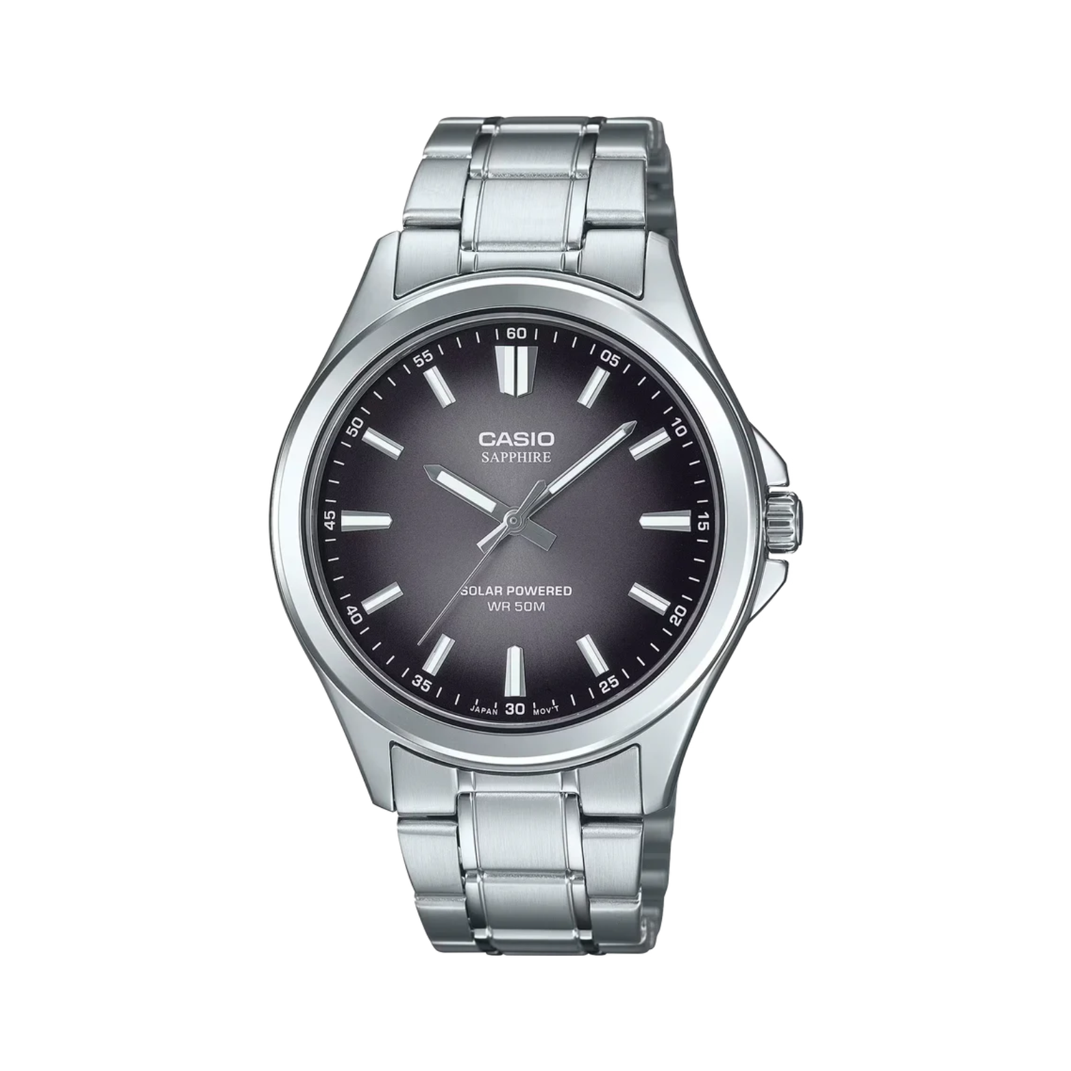 Casio watch with silver strap and black dial on a white background