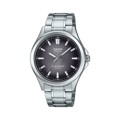 Casio watch with silver strap and black dial on a white background