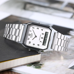 CASIO AQ‑230A‑7BHDF Vintage Analog‑Digital Watch – Dual Display, Stainless Steel, Slim Profile, Alarm & Stopwatch