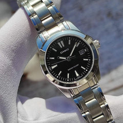 CASIO LTP-1215A-1A2DF Women's Analog Watch – Stainless Steel with Black Dial & Silver Accents, Classic & Elegant Design