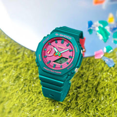 CASIO G‑SHOCK GMA‑S2100BS‑3ADR Women’s Analog‑Digital Watch – Translucent Green Resin, Slim Octagonal Case, Carbon Core Guard, 200 M Water Resistant