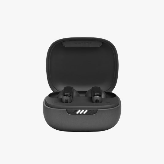 Black wireless earbuds in an open charging case on a white background
