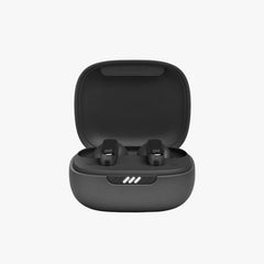 Black wireless earbuds in an open charging case on a white background