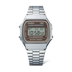Casio A168WA-5AYDF Vintage Digital Watch – Brown Dial, LED, Retro Silver Style