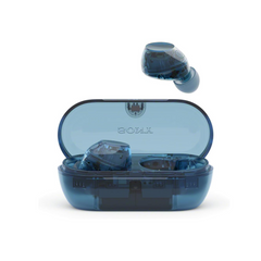 Blue wireless earbuds with charging case on a white background