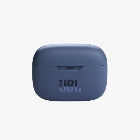 Blue JBL wireless earbuds case on a white background